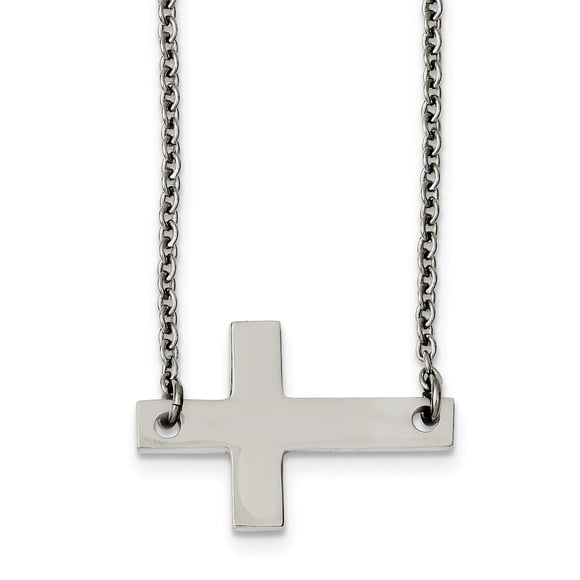Stainless Steel Polished Sideways Cross Necklace 21in