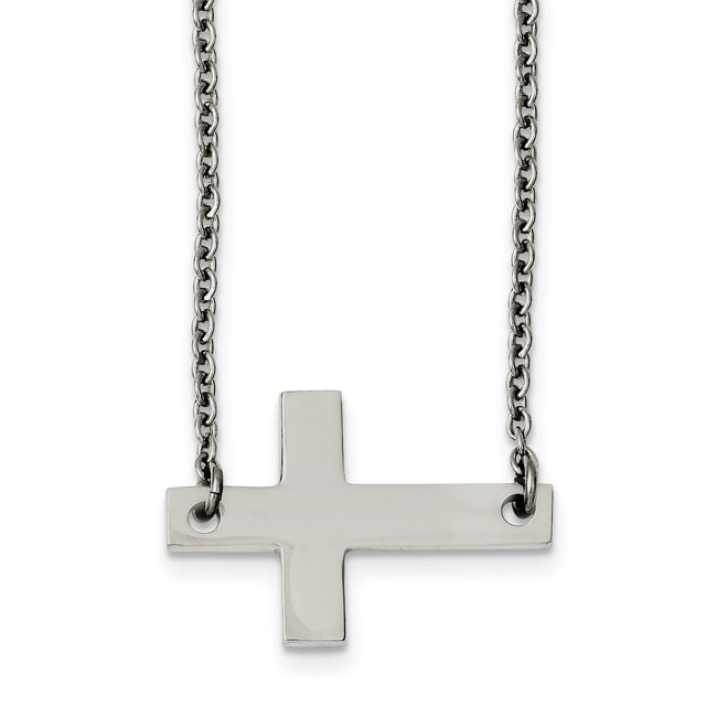 Stainless Steel Polished Sideways Cross Necklace 21in
