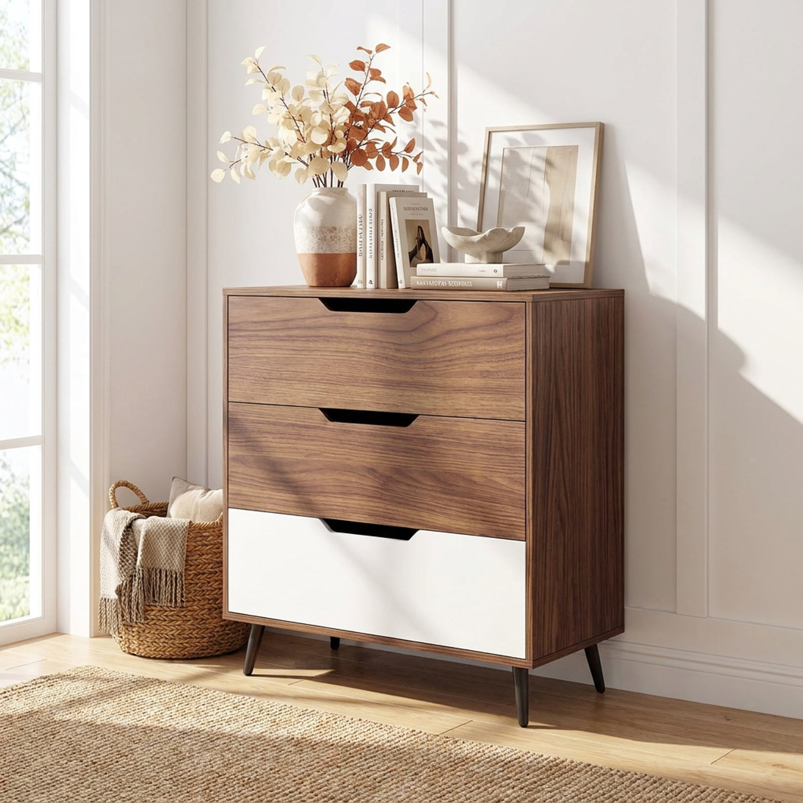 Furnibear 3-Drawer Rustic Farmhouse Wooden Storage Dresser for Bedroom Closet Living Room Nursery Clothes Storage, Walnut
