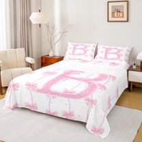 Manfei Initial Letter B Queen Sheet Sets,Kawaii Bowtie Ribbon Flat Sheet,Girls Pink Bow Knot Queen Fitted Sheet For Girl Kids,Breathable Bedroom Decoration,4 Pieces