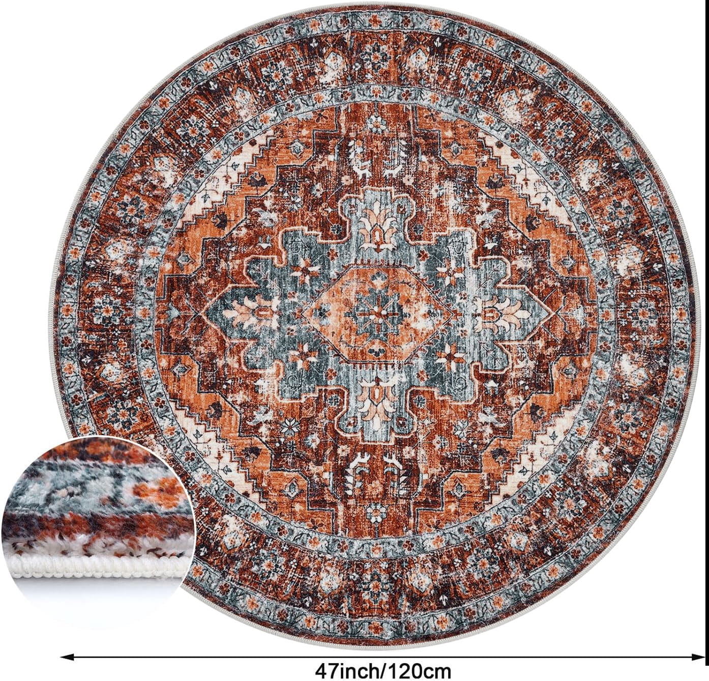 4 ft Round Area Rug, Yamaziot Boho Vintage Oriental Circle Carpet, Washable Non Slip Non Shedding Soft Faux Indoor Floor Mat Rug for Bedroom Living Room Sofa Office