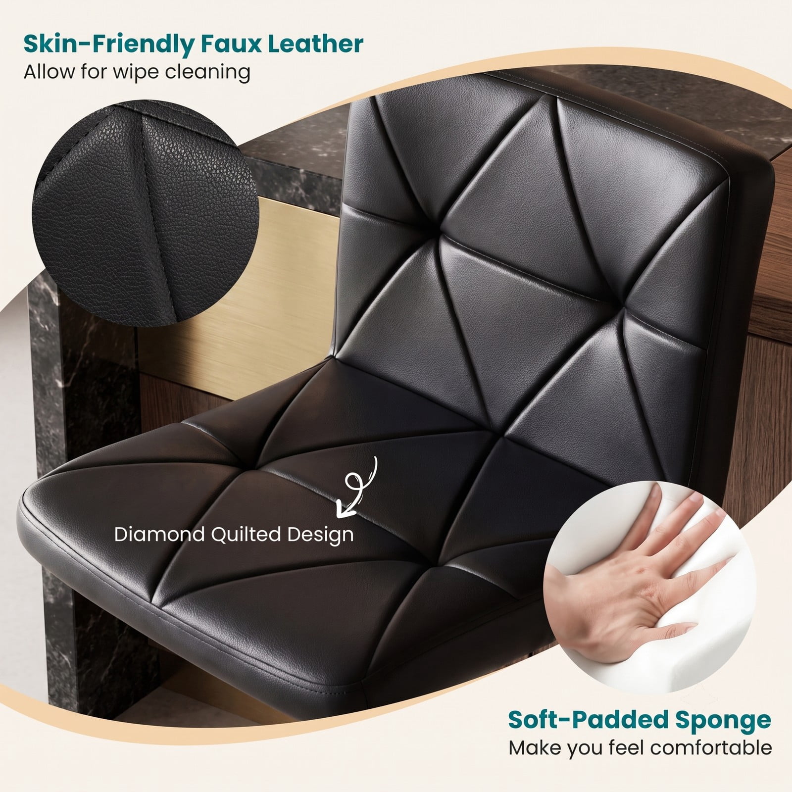 Furnibear Adjustable Swivel Bar Stools Set of 2 with Backrest and Footrest, 360 Degree Swivel Counter Height Barstools, Faux Leather Padded Seat Metal Bar, Black