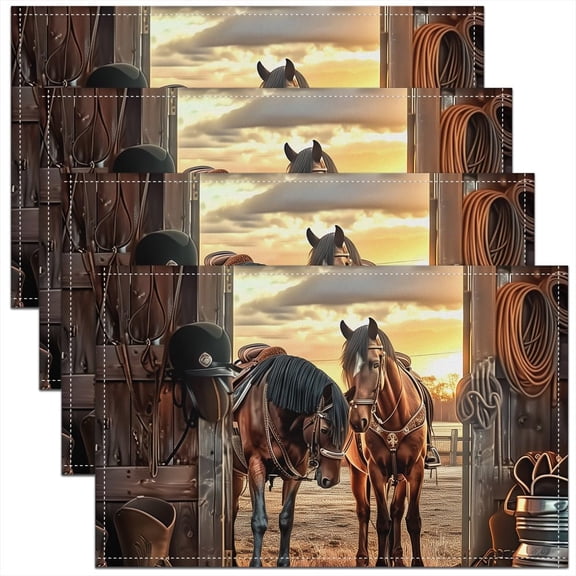 Western Horse Placemats Set of 4 Wild West Cowboy Table Mats Vintage Southwest Place Mat for Kitchen Dining Table Party Decor Indoor Outdoor 18"x12" Non-Slip Easy to Clean Rustic