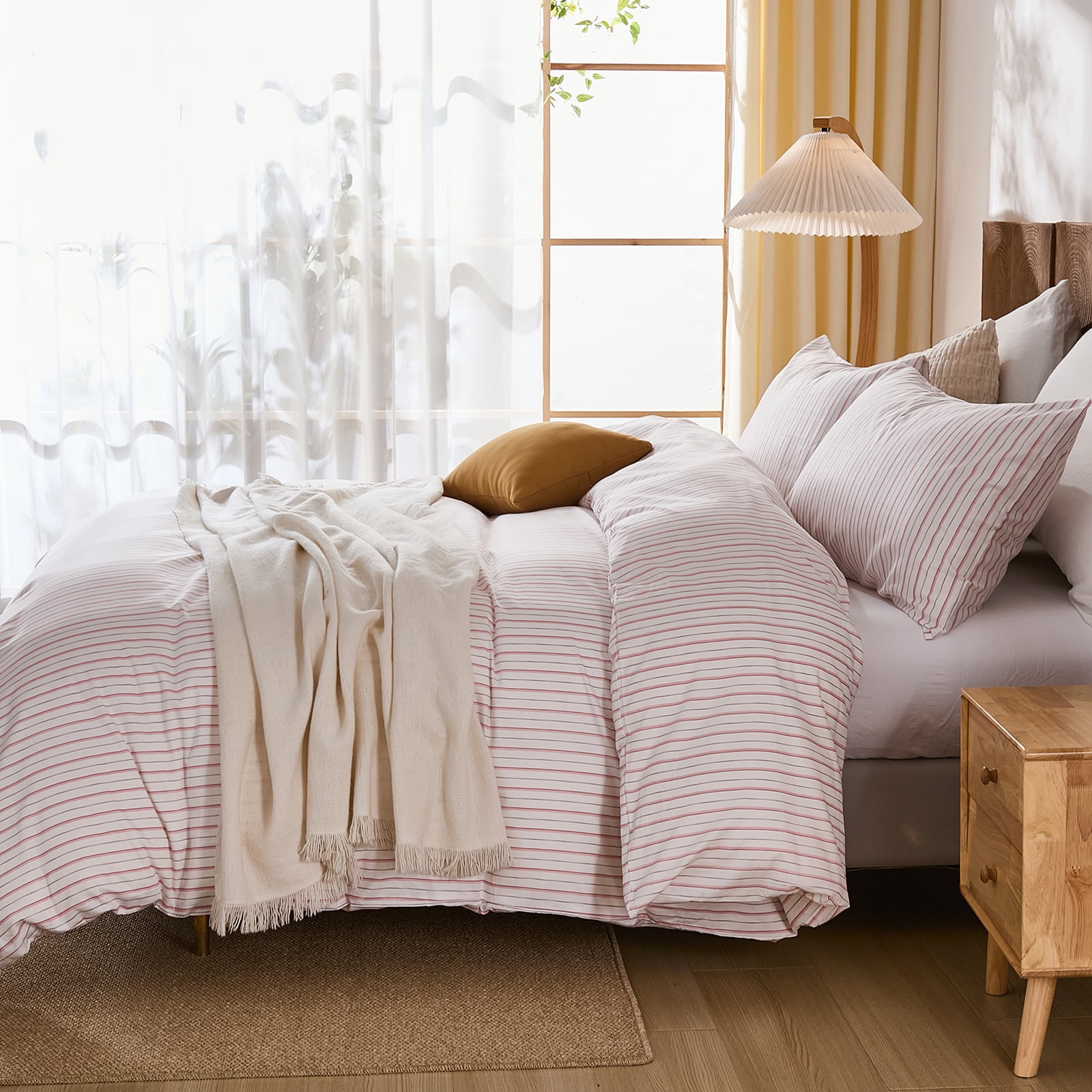 100% Cotton Stripe Duvet Cover Set Queen Size - Gray Striped Duvet Cover Set with Zipper Closure & 8 Corner Ties, Modern Minimalist Wide Stripe Bedding Set for Cozy Elegant Bedroom
