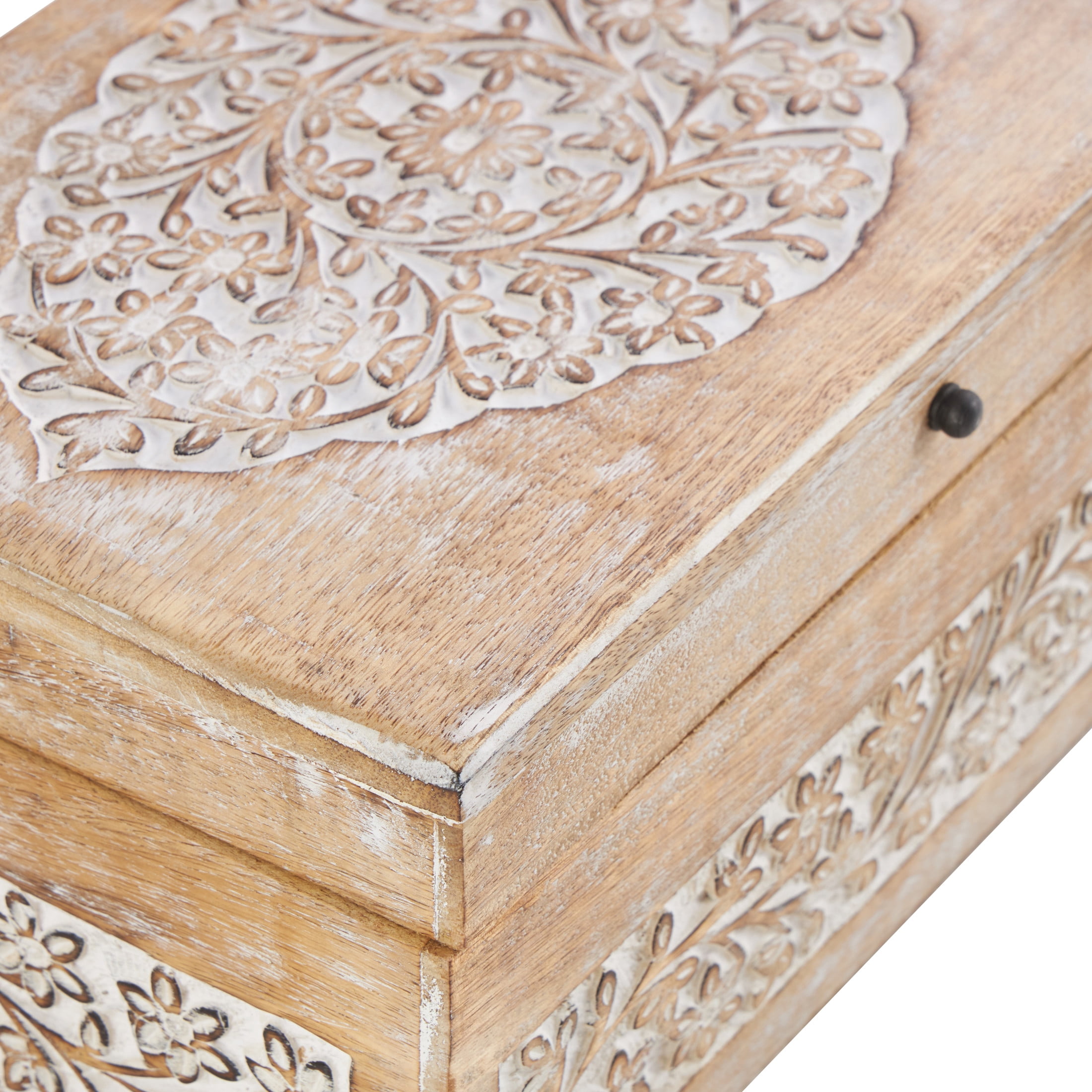 DecMode Floral Cream Mango Wood Decorative Box with Hinged Lid, 3 Count