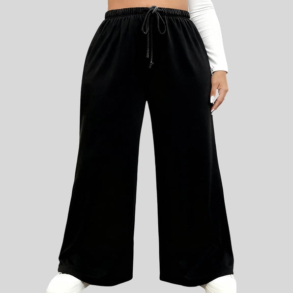 Women's Plus Size Wide Leg Pants Elastic Waist Casual Pants Summer Loose Fit Sweatpants With Pockets Drawstring