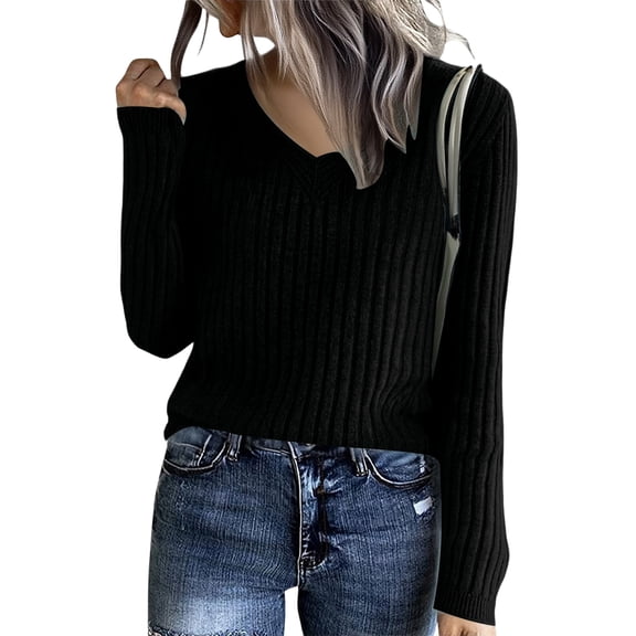 Cozy Sweaters for Women Casual Long Sleeve Loose V-Neck Knit Solid Color Pullover Tops Black One Size