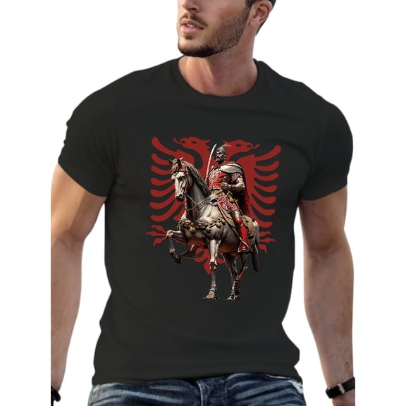 Men's Albanian National Pride Skanderbeg Graphic T-Shirt - 100% Cotton Loose Fit Crew Neck Short Sleeve Tee, 180GSM Breathable Fabric for Casual & Sports Wear, Black with Red/White Historic