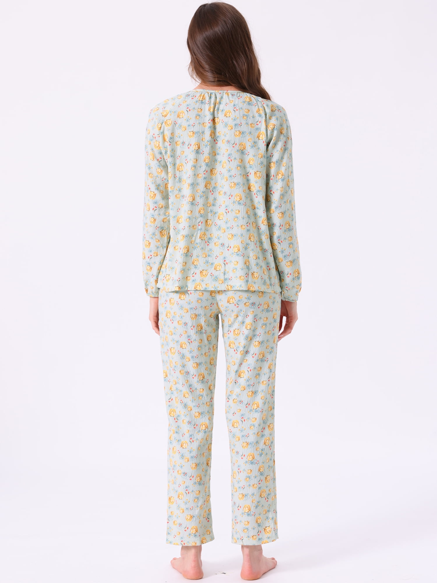 DARING DIVA Pajamas Long Sleeves Cotton Button Down U Neck Set S Green Floral