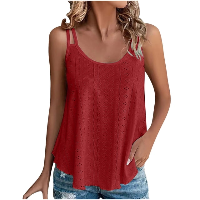 AherBiu Camisole pour Femmes Sans Manches à Col Rond avec Broderie Oeillets Chic Décontractée Ample Fluide Camis