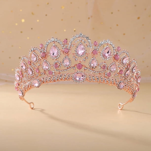 Nvzi Tiara de boda para novia, diadema de princesa, corona de novia, joyería para el cabello con diamantes de imitación de cristal,graduación, boda, fiesta de disfraces (rosa)
