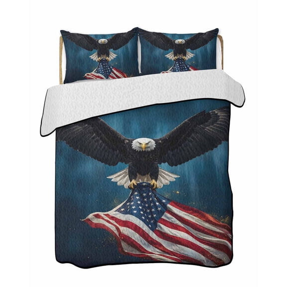 Twin Quilt Bedding Set, Independence Day Reversible Summer Quilt 3 Pieces, 4th July Eagle American Flag Patriotic Lightweight Bedspreads Coverlets with 2 Pillow Shams for All Seasons
