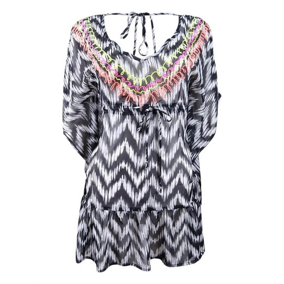 Miken Womens Embroidered V-Back Ruffled Tunic Dress Swim Cover-Up , Medium