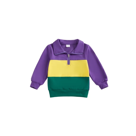 BemeyourBBs Toddler Baby Boy Girl Carnival Sweatshirt Mardi Gras Outfit Long Sleeve Half Zipper Color Block Pullover Tops