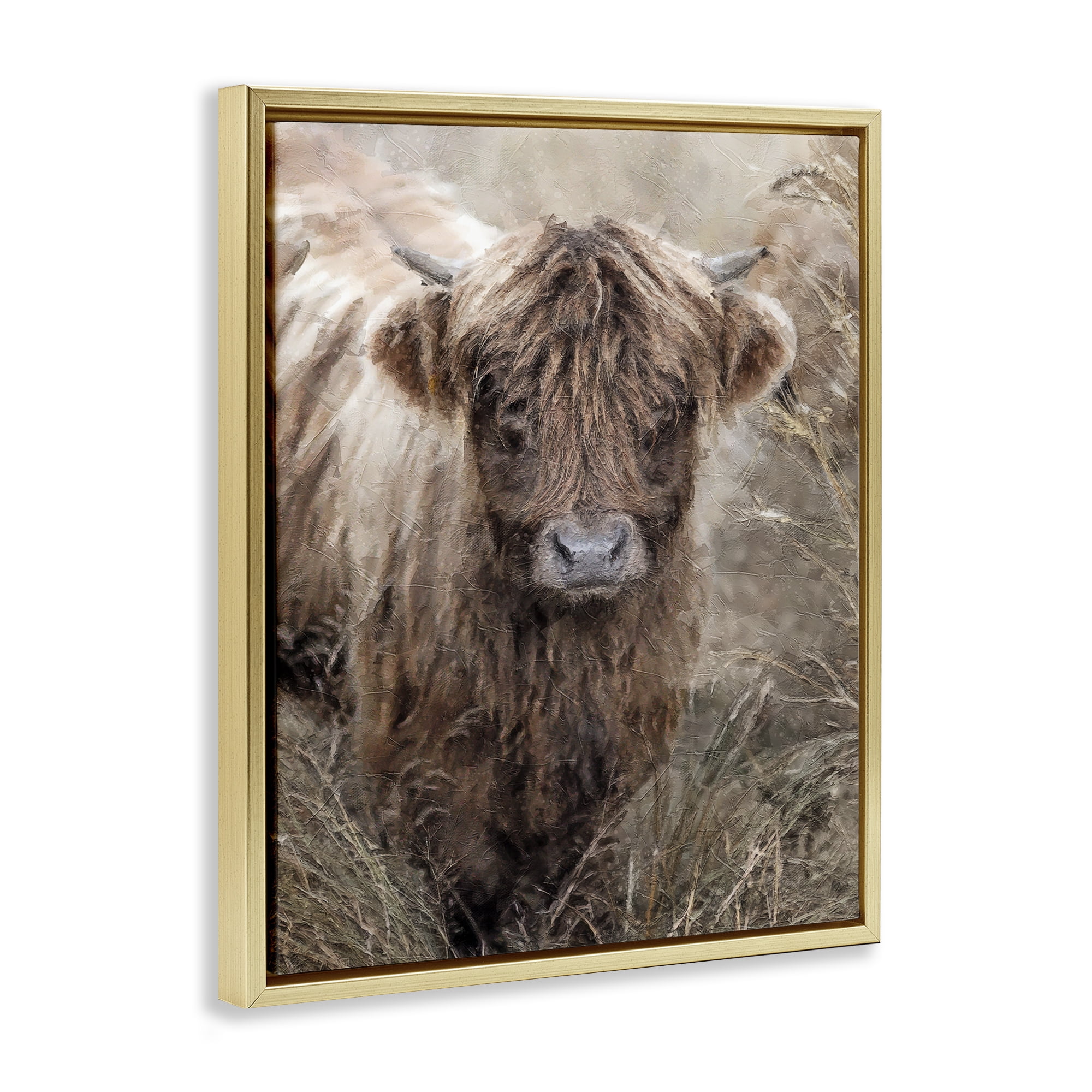 Stupell Industries Baby Cattle with Reeds Animals & Insects Painting Gold Floater Framed Canvas Art Print Wall Art, 17 x 21