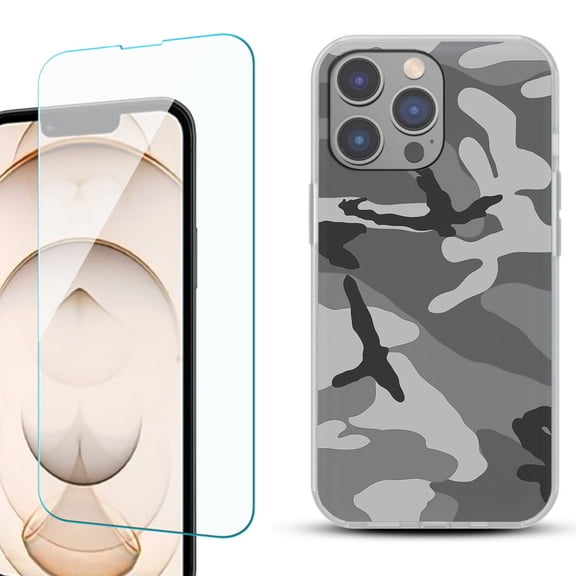Slim-Fit Gel TPU Phone Case for iPhone 14 Pro, with Tempered Glass Screen Protector, by OneToughShield ® - Camo B/W
