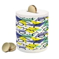 thumbnail image 1 of Modern Piggy Bank, Geometrical Retro 80s Themed Image Lines Circles and Spots Print, Ceramic Coin Bank Money Box for Cash Saving, 3.6" X 3.2", Blue Yellow and Black, by Ambesonne, 1 of 4