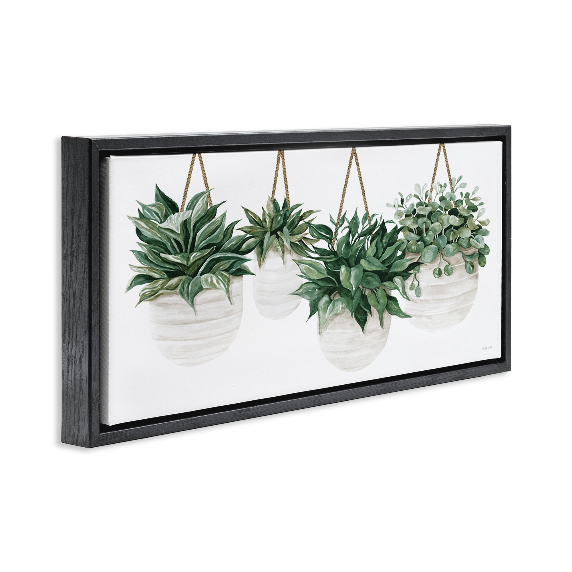 Stupell Industries Hanging Planters House Plants Botanical & Floral Painting Black Floater Framed Canvas Art Print Wall Art, 25 x 11