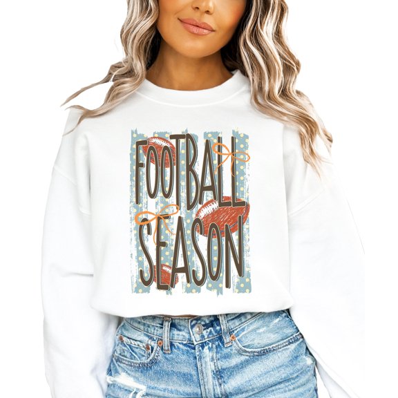 Olive Loves Apple Women's Football Season Coquette Bow Crewneck Sweatshirt, White, Medium