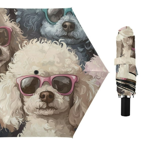 Cute Poodles with Sunglasses All Weather Umbrella Triple Folding Parasol 6 Ribs UV Protection Portable