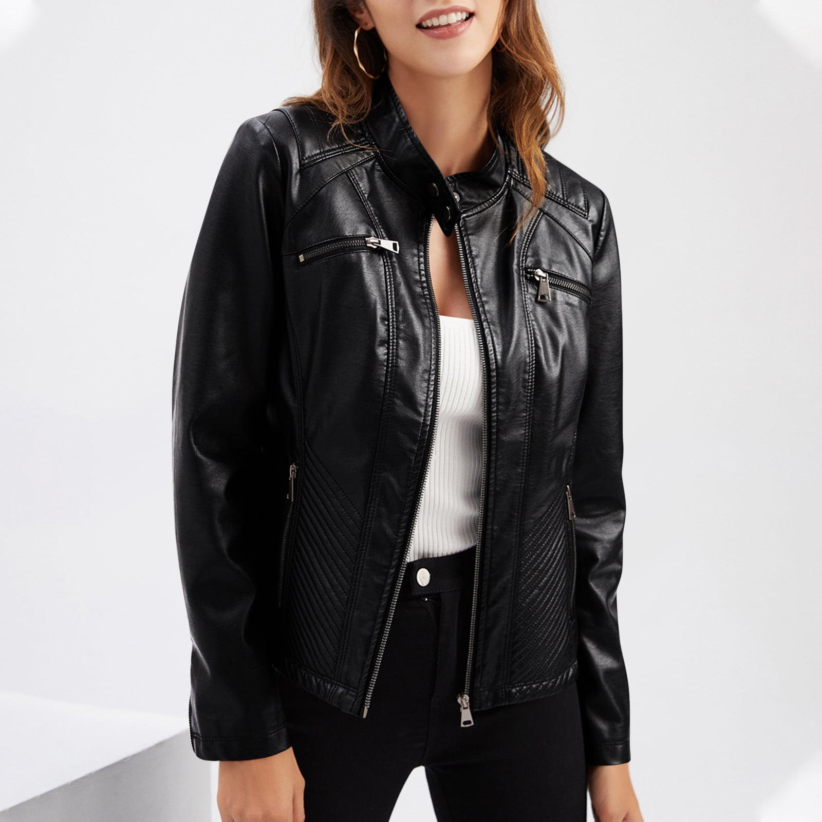 Akafmk Womens Faux Leather Jackets,Plus Size Motorcycle Jacket,Casual Leather Jacket with Standing Collar Slim Fitting Jacket Solid Color for Women Fall Winter Loose Windbreaker Jacket Outerwear