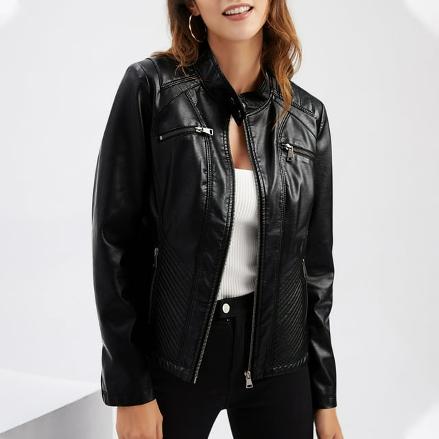 EGNMCR Manteau et Vestes en Similicuir à Manches Longues Sans Capuche pour Femme Veste en Cuir Décontractée avec Col Montant Veste Ajustée Couleur Unie pour Femme Manteau pour Femme