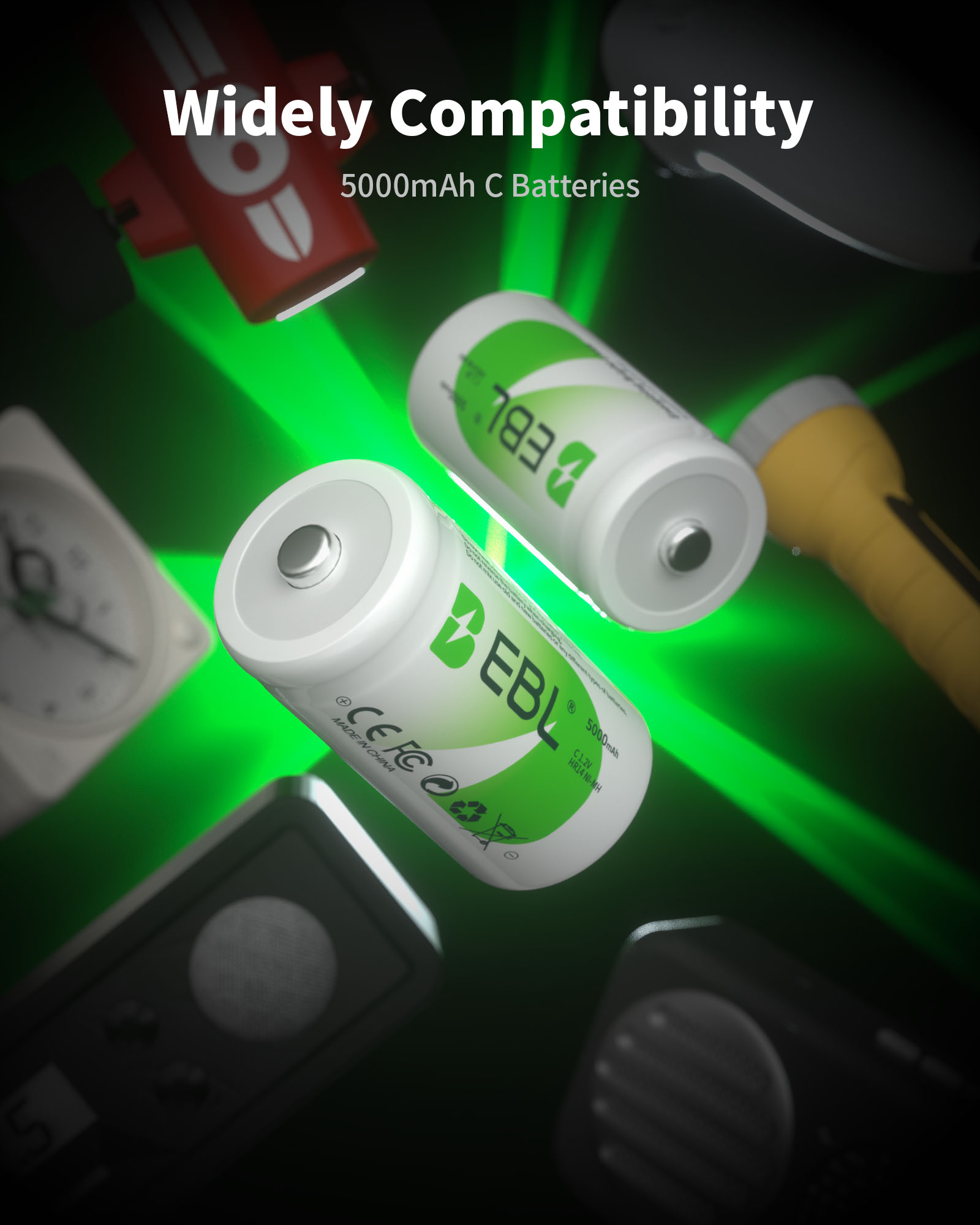 EBL 8-Pack 5000mAh Size C Cell Rechargeable Batteries with LCD Battery Charger for AA AAA 9V C D Ni-CD Ni-MH Battery