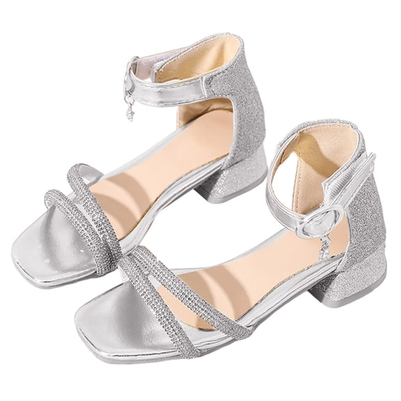 HIgh Heels for Kids Girls Sandals Square Open Toe Glitter Dress Shoes with Ankle Strap Flower Girl Shoes Silver 11.5 Little Kid