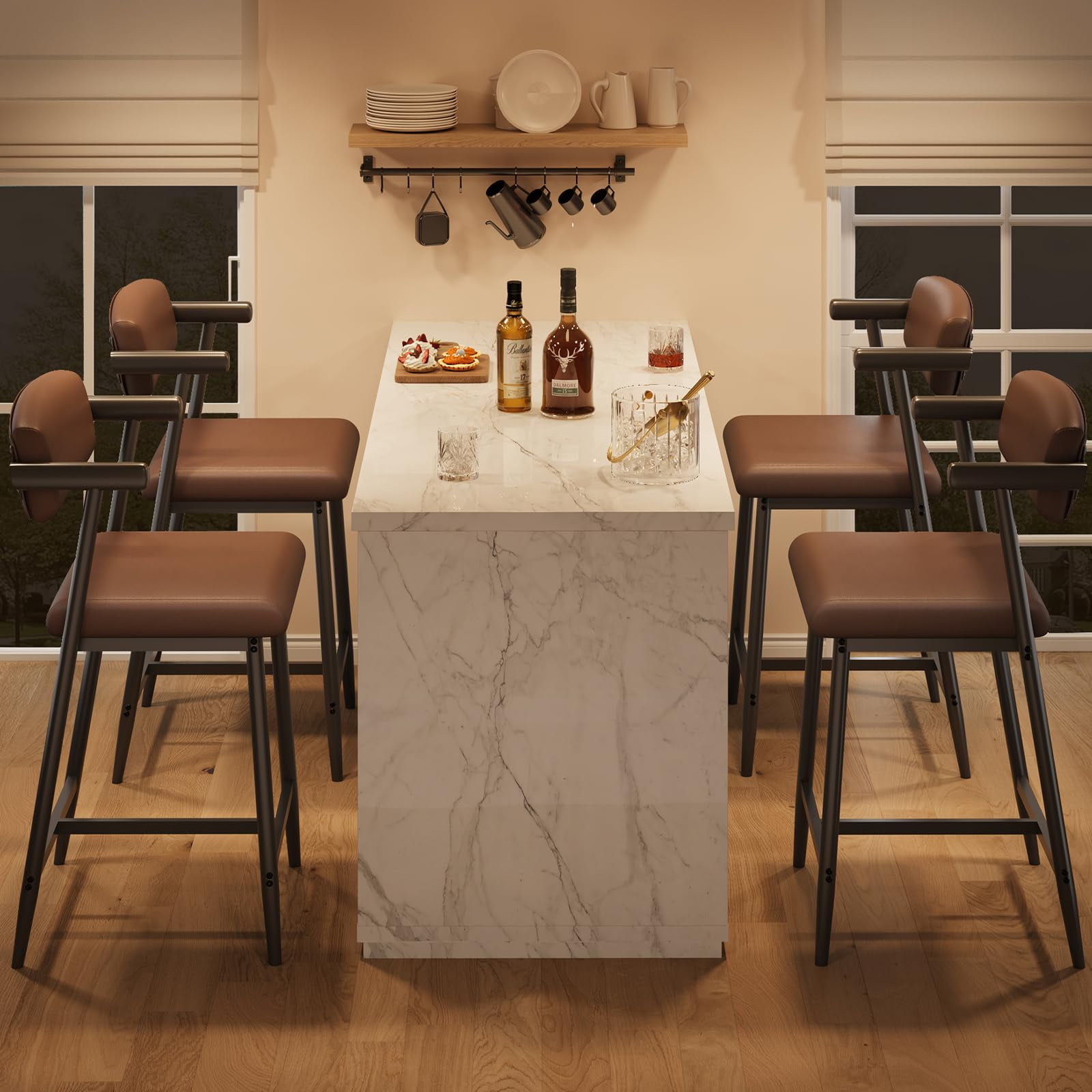 Bar Stools, Counter Height Stools Set of 4 26" Wide Seat with Arms & Back - Upholstered, Metal Footrest, Easy Assembly for Kitchen Island, Rustic Black Faux Leather