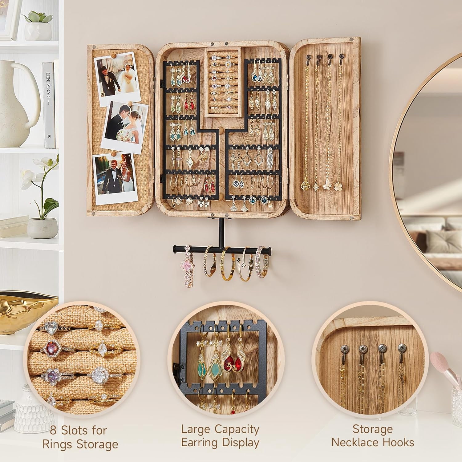Hanging Jewelry Organizer, Wall Mounted Jewelry Organizer for Earring Holder Organizer, Jewelry Cabinet Holder Jewelry Storage Box for Earrings, Necklaces, Bracelets, Ring Holder