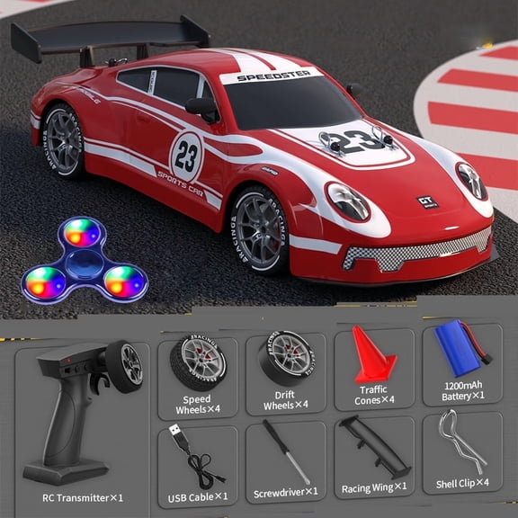 High-Speed RC Car for Adults/Kids, 2.4GHz , 4WD, 360° Rotation Drift Car,Long Battery Life, LED Lights，Red, Childen's Gift