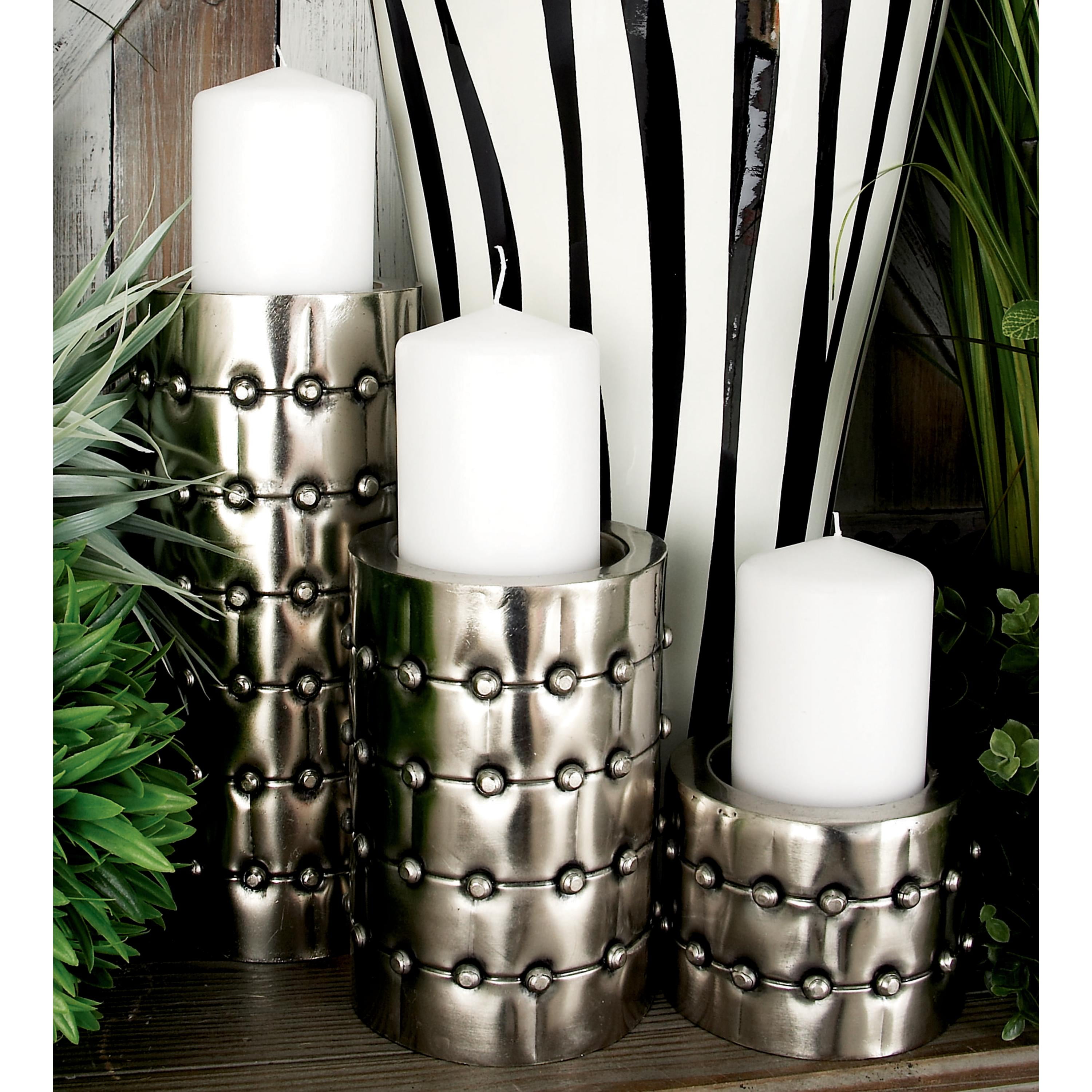 DecMode 3 Candle Silver Metal Handmade Pillar Candle Holder with Studs, Set of 3