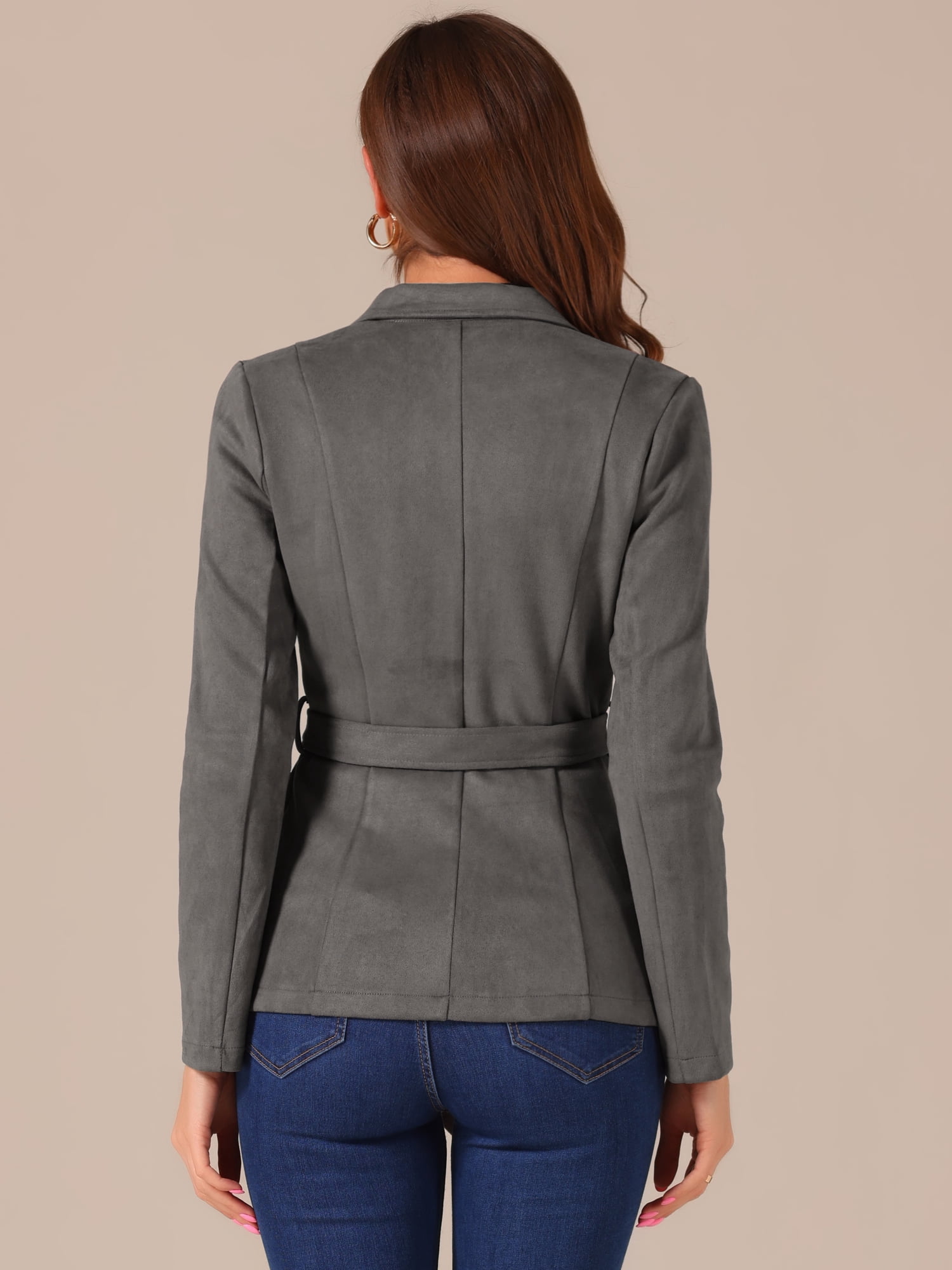 DARING DIVA Women's Faux Suede Belted Lapel Single Breasted Blazer M Dark Grey