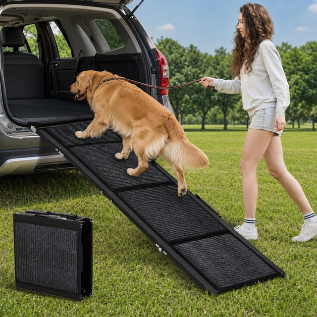 250 Lbs 71 In Folding Dog Ramp for Cars 17 In Wide Anti-Slip Pet Ramp for SUVs Trucks and Beds Portable Aluminum Ramp for Large Dogs