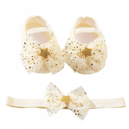 

Baby Girl Net Yarn Bowknot Star Princess Shoes Toddler Soft Sole Walking Shoes Headband Set