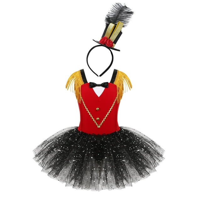 Aiihoo Costume de Cirque pour Filles Enfants, Robe Justaucorps Tutu en Maille à Paillettes avec Mini Haut-de-Forme pour Halloween Carnaval Rouge 4T