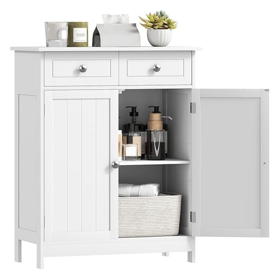 Freestanding Bathroom Floor Cabinet, Wooden Bathroom Cabinet with 2 Doors, 2 Drawers and Adjustable Shelf, White