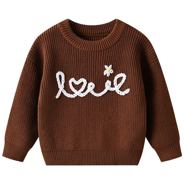 CAUYDY Chandails d'Automne pour Tout-Petits et Enfants, Chandail à Col Rond Tricoté Mignon à Manches Longues (Café, 1-2 Ans)