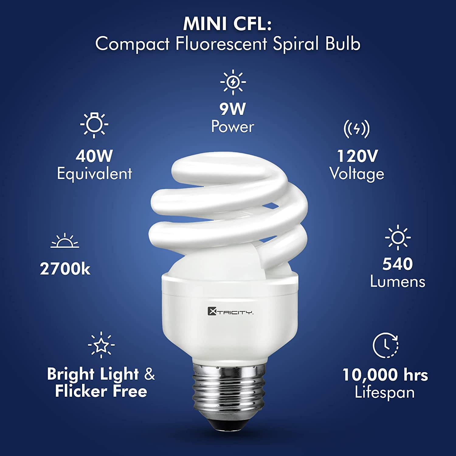 Xtricity Compact Fluorescent Light Bulb T2 Spiral, E26 Base, 4100k Cool White, 9W, (8 Pack)