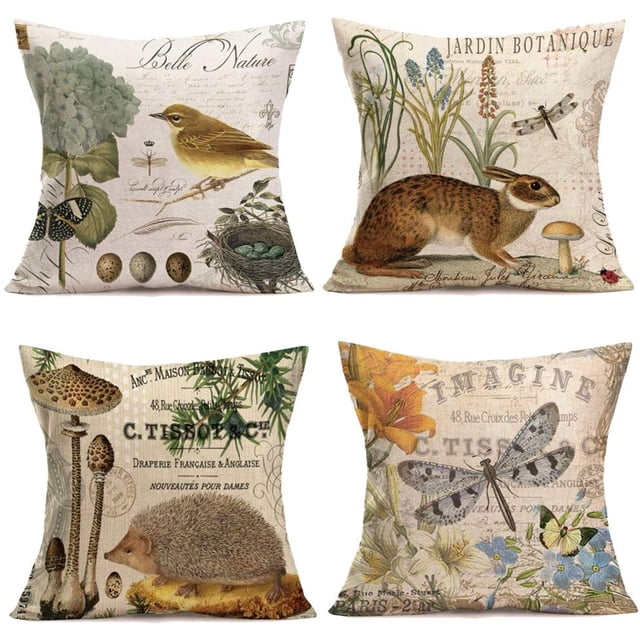 JOOCAR Throw Pillow Covers Adorable Animals Rabbit Hedgehog Bird Butterfly Decorative Pillowcases Set of 4 Cotton Linen Square Throw Pillow Case Home Couch Decor Cushion Cover 18" x 18"