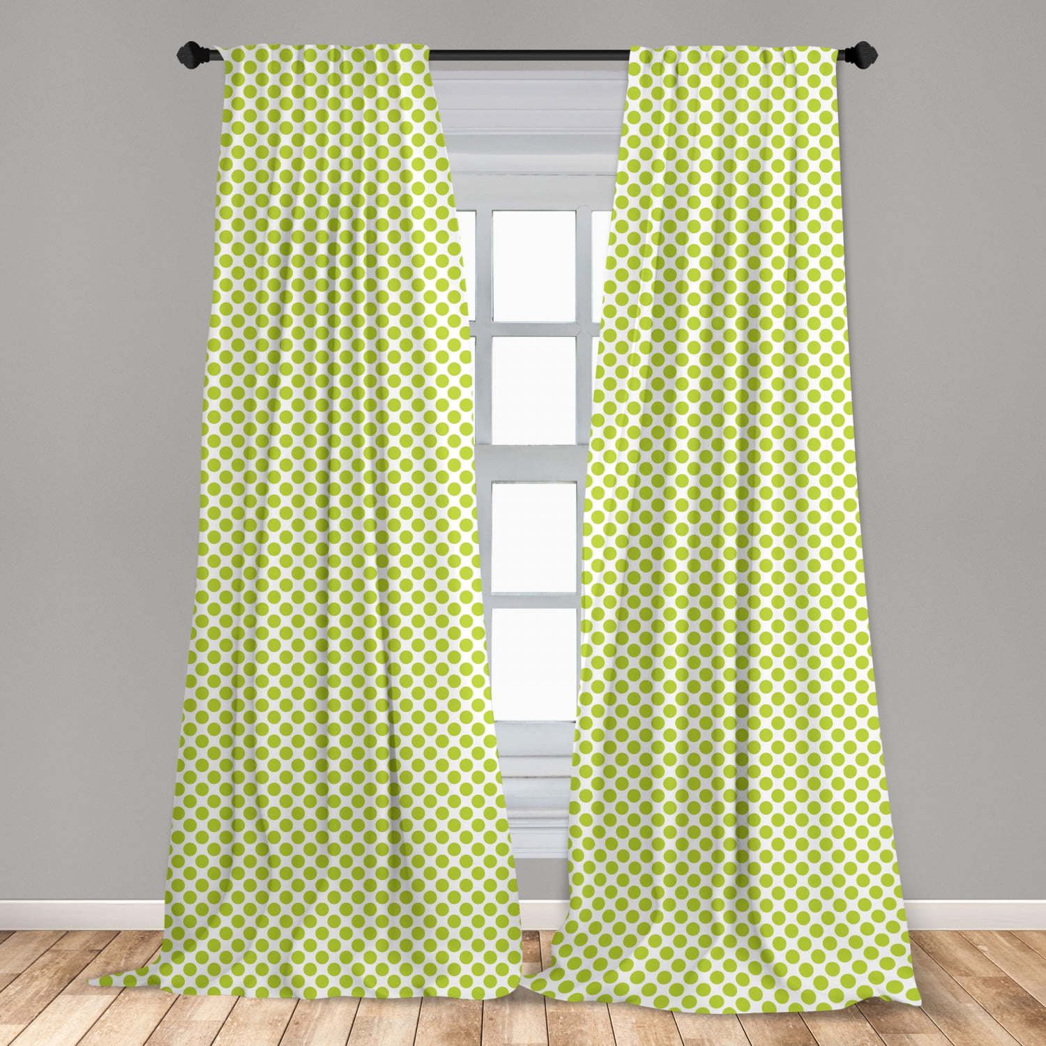 Lime Green Curtains 2 Panels Set, Nostalgic Polka Dots Style Large