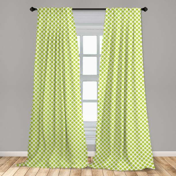 Lime Green Curtains 2 Panels Set, Nostalgic Polka Dots Style Large