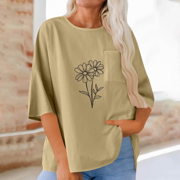 TaTaai Women Casual Loose Imitation Linen Blouses 3/4 Sleeve Round Neck Oversized Pocket Lightweight Breathable Summer Daily Tops Gift