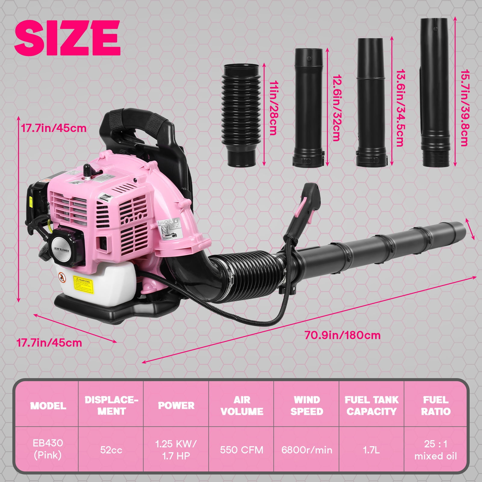 Grandest Birch Leaf Blower with Backpack, Cordless Leaf Blowers for Lawn Care, 52CC 2 Stroke 550CFM Gas Powered Blower for Home Blowing Leaf, Snow Blowing, Dust, Pink