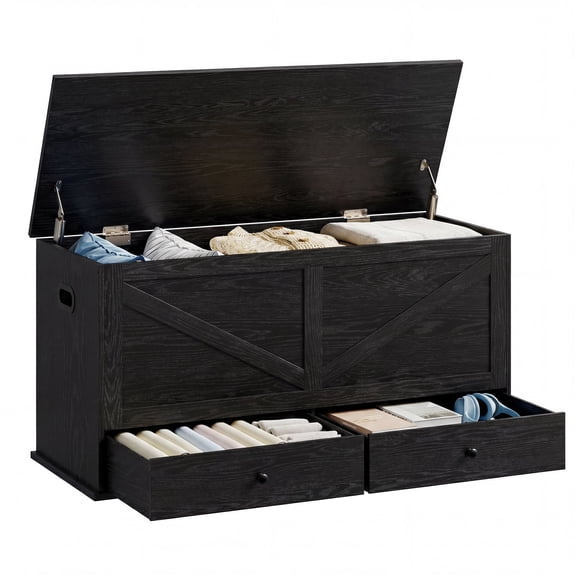 VASAGLE Storage Chest, Storage Bench with 2 Fabric Drawers, Farmhouse Style, 15.7 x 39.4 x 19.9 Inches, Ebony Black