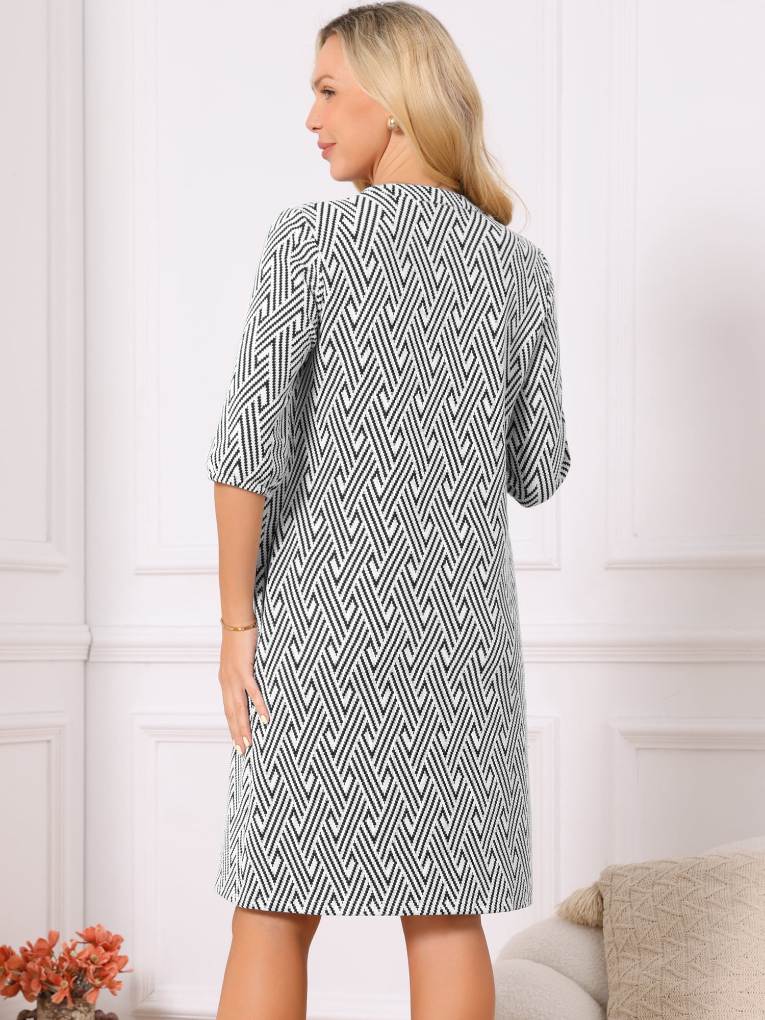 DARING DIVA Women's 3/4 Sleeve V Neck Zigzag Print Dress M White