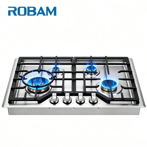 ROBAM 30" Gas Cooktop G413, 4 Made in Italy Brass Burners, 304 Stainless Steel Built-in Gas Stove, 20,000 BTUs Power Burner, Dual Fuel NG/LPG Convertible, Flame Failure Protection