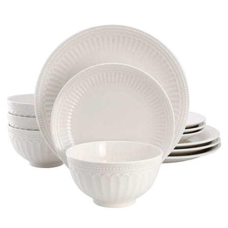 Elama Gabriella 12 Piece Stoneware Dinnerware Set in White, Service for 4
