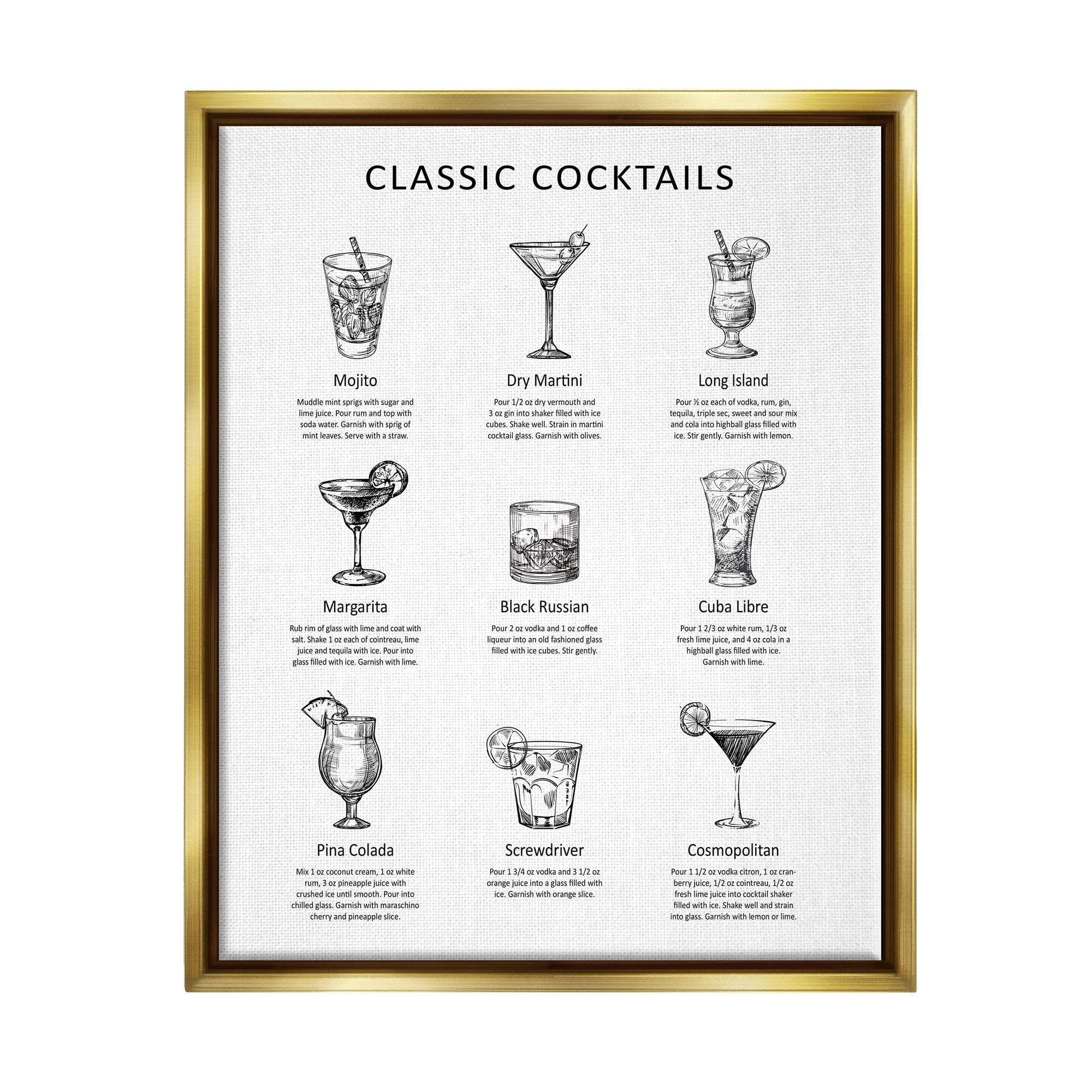 Stupell Industries Classic Cocktails Mixed Drinks Kitchen Bar Sign Chart Graphic Art Metallic Gold Floating Framed Canvas Print Wall Art, Design by Lettered and Lined