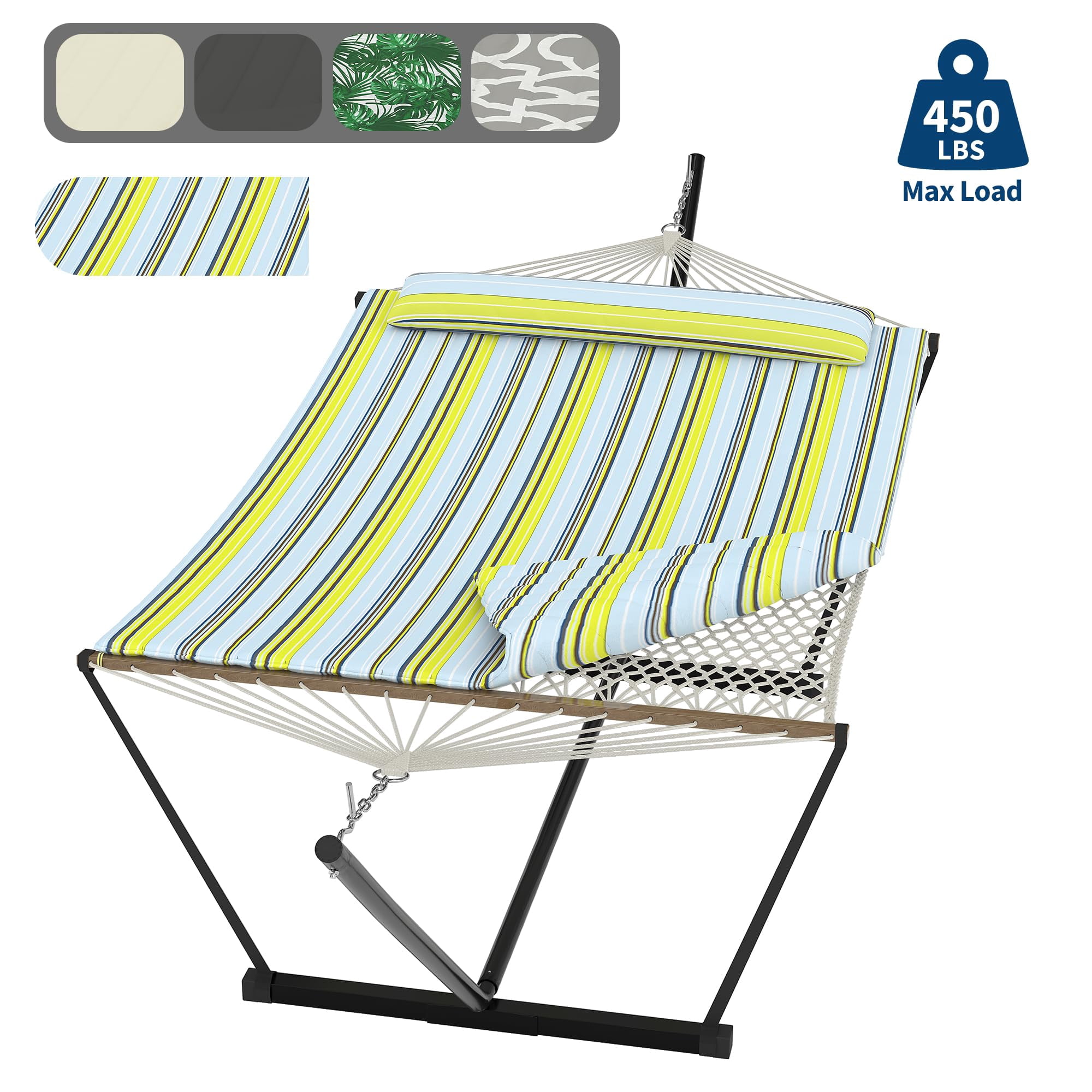 450 Lbs Capacity 2-Person Double Hammock with Stand - Portable Breathable Cotton Rope Hammock with Reversible Quilted Pad & Pillow for Patio, Garden & Camping